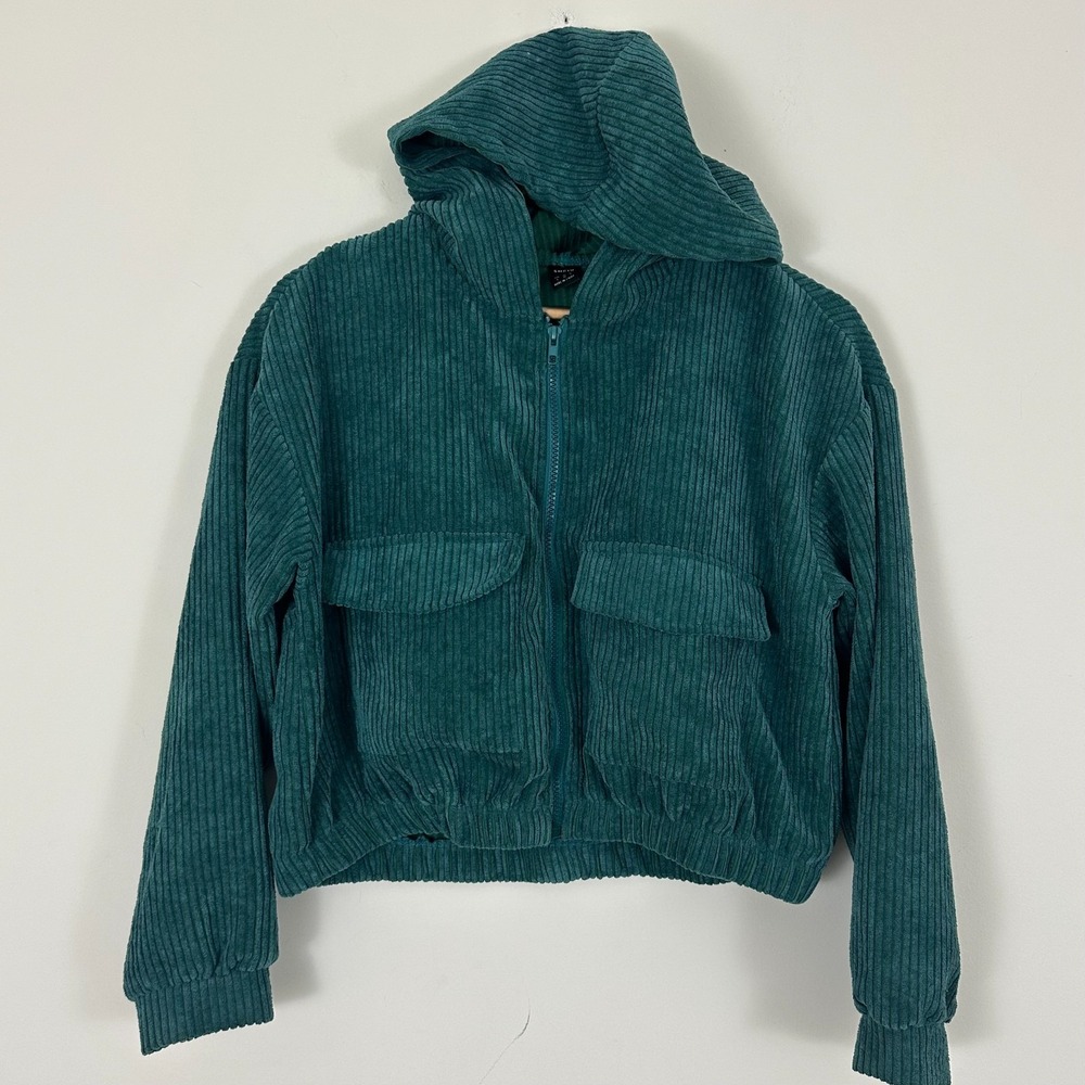 Shein Cropped Jacket Green Corduroy Hooded Full Zip Flap Pocket Womens 4 S